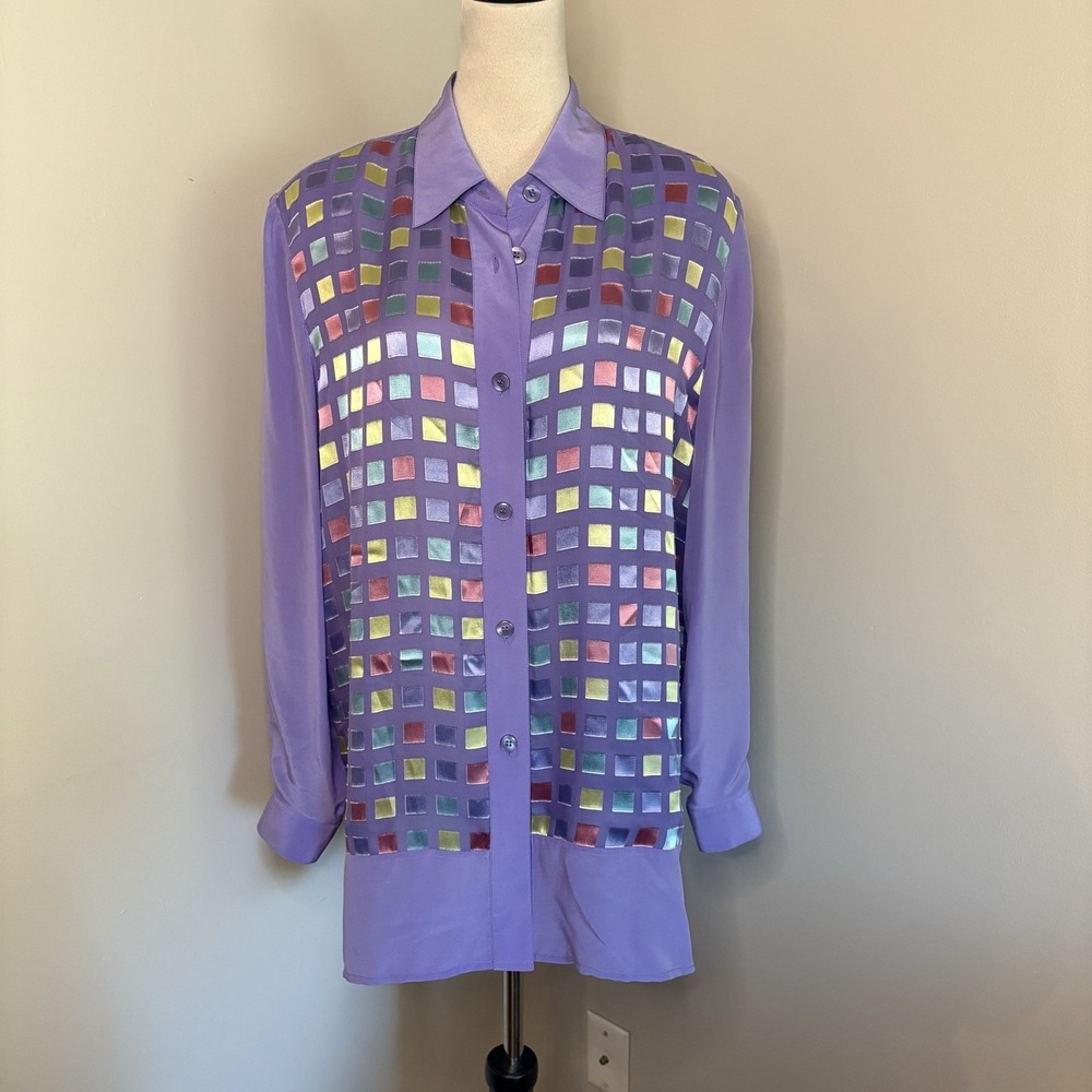 VTG 90s Diane Gilman Silk Mosaic Grid Blouse Purple Large Artsy Pristine EUC